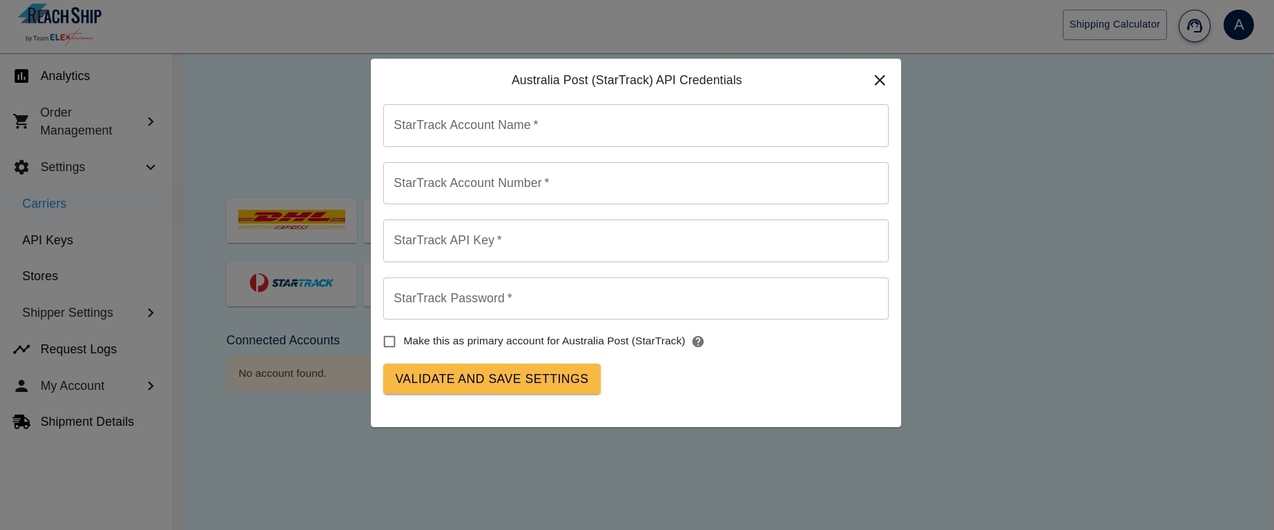 Add your Australia Post StarTrack account to ReachShip