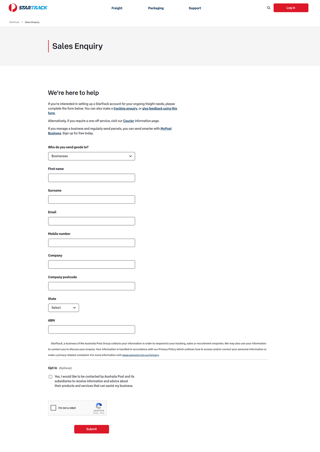 StarTrack account creation form