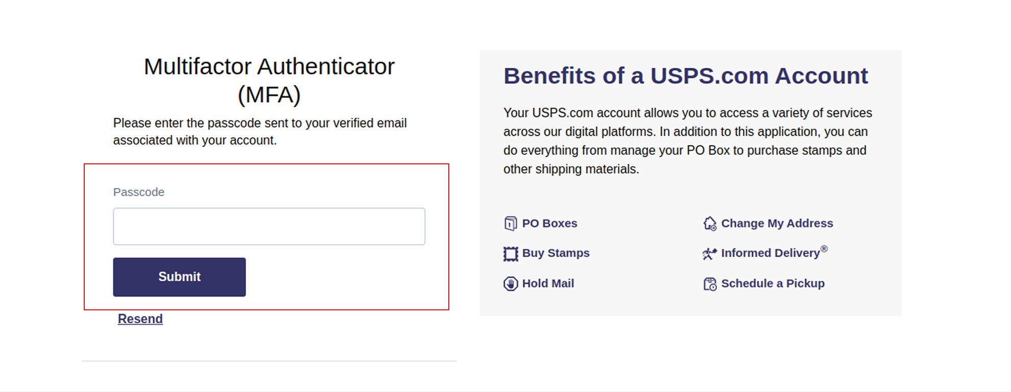 Passcode USPS Verification