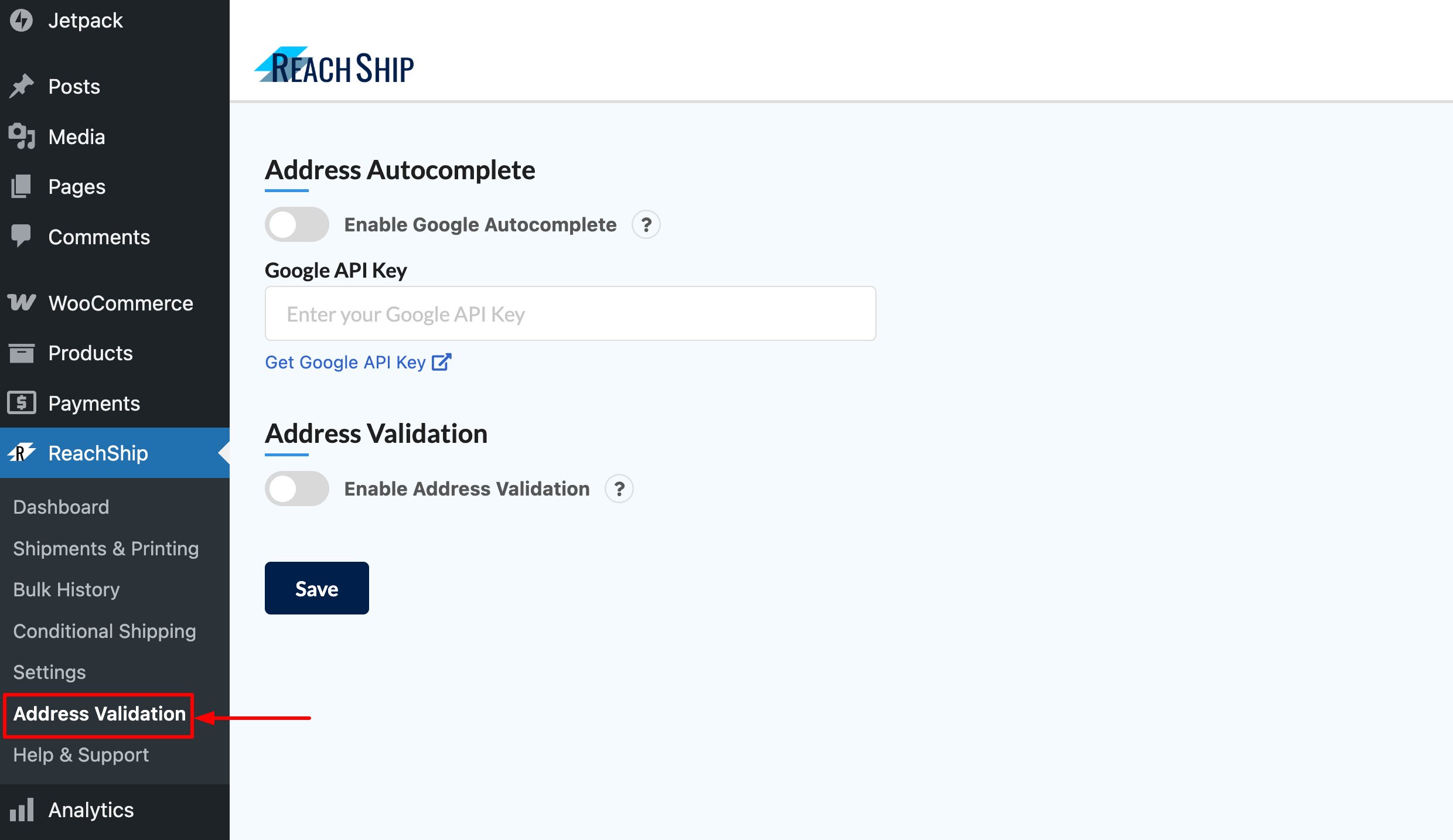 Navigate to Address Validation in ReachShip Plugin