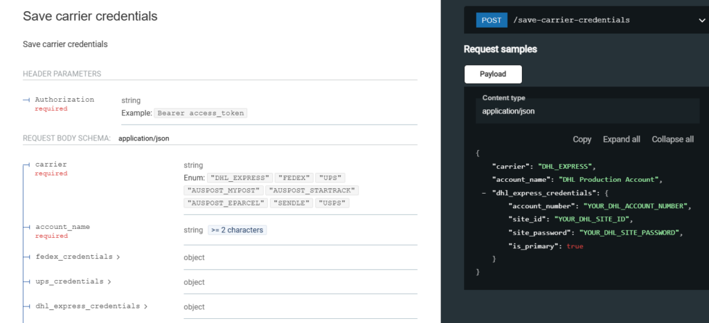 ReachShip Save carrier credentials