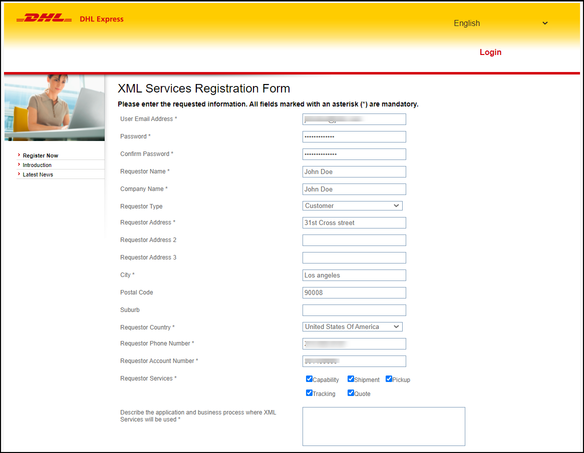 Obtain your DHL Account Credentials | XML service form