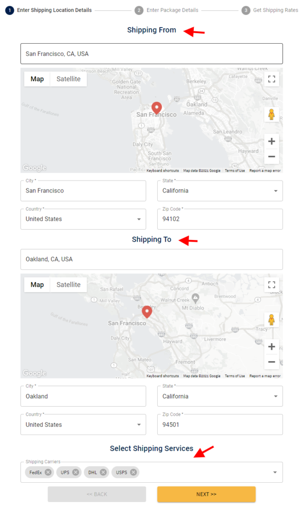 How to calculate the cheapest way to ship large packages with a shipping calculator tool | Enter the addresses and choose shipping carriers