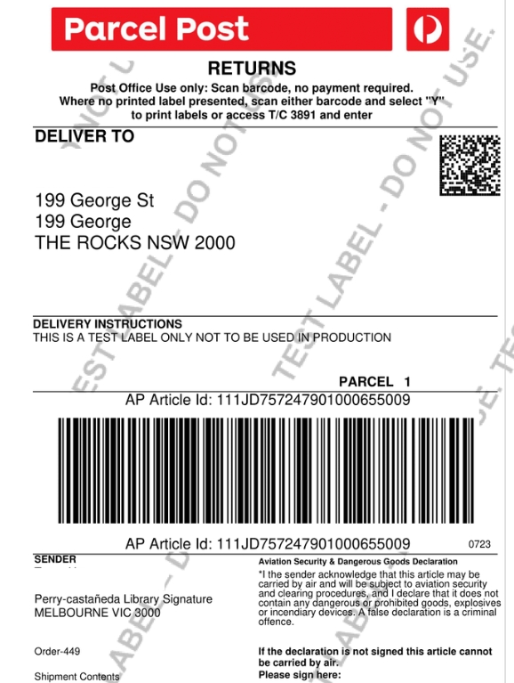 Australia Post eParcel Domestic Shipping Label