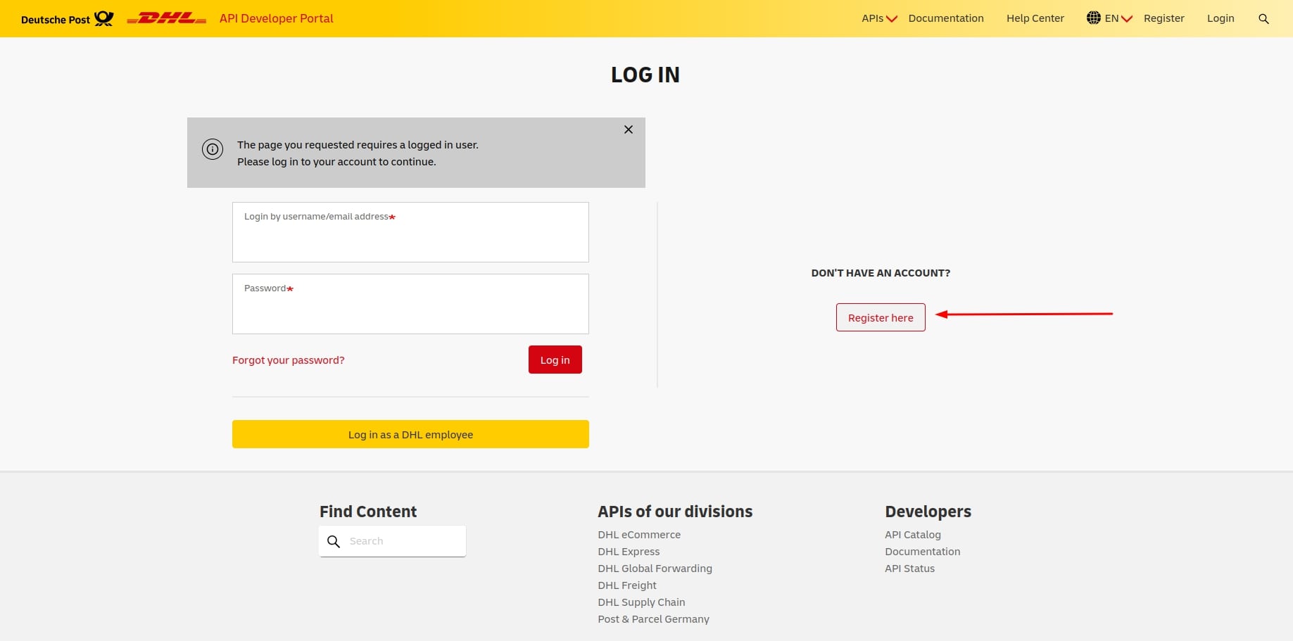 Click on Register Here option