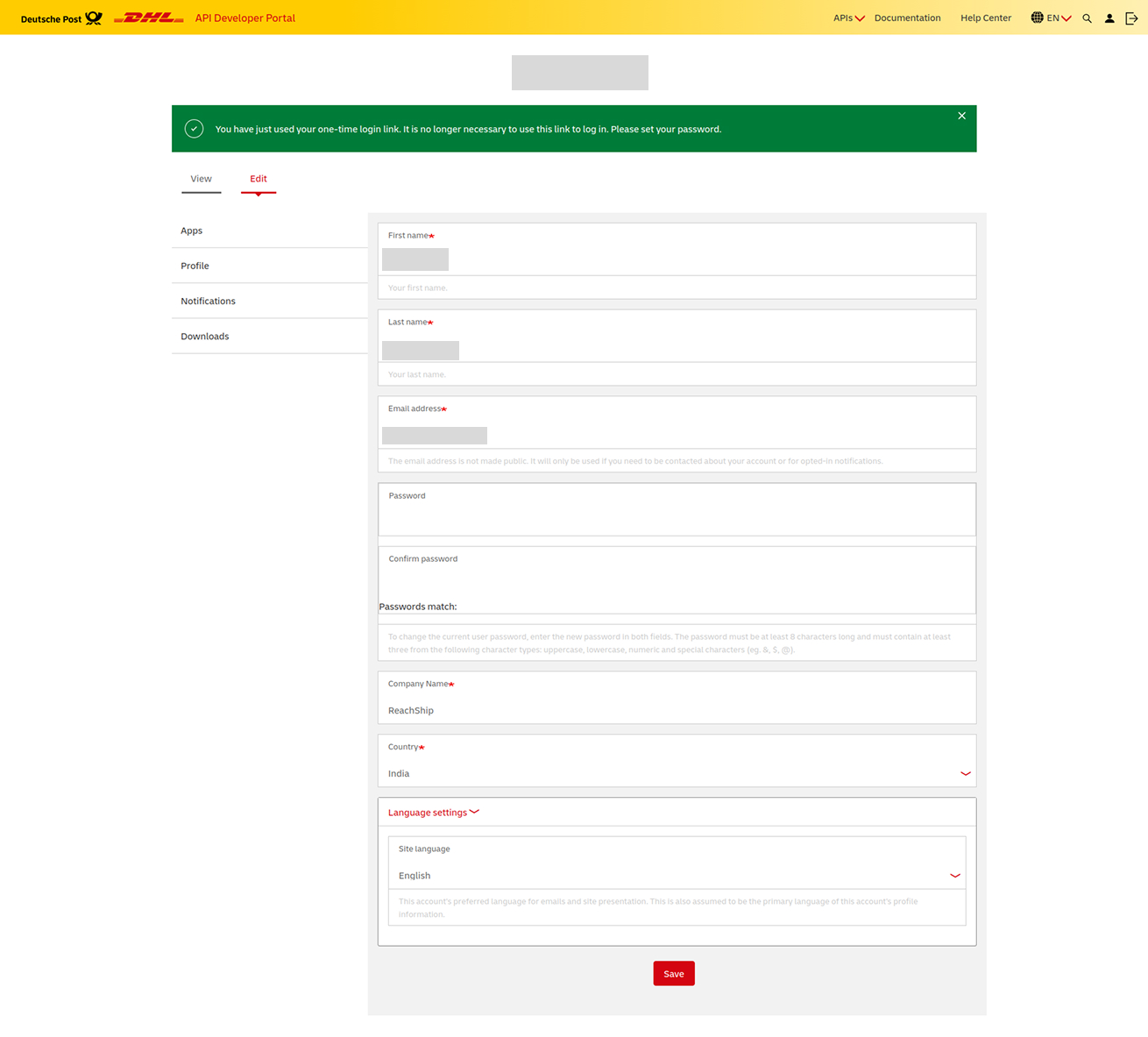 DHL API Portal_Set Password