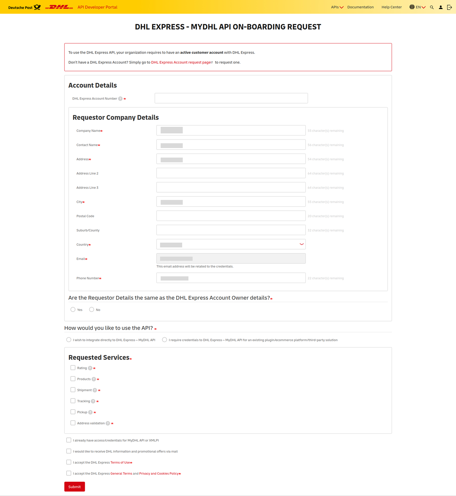 DHL Express Onboarding Request