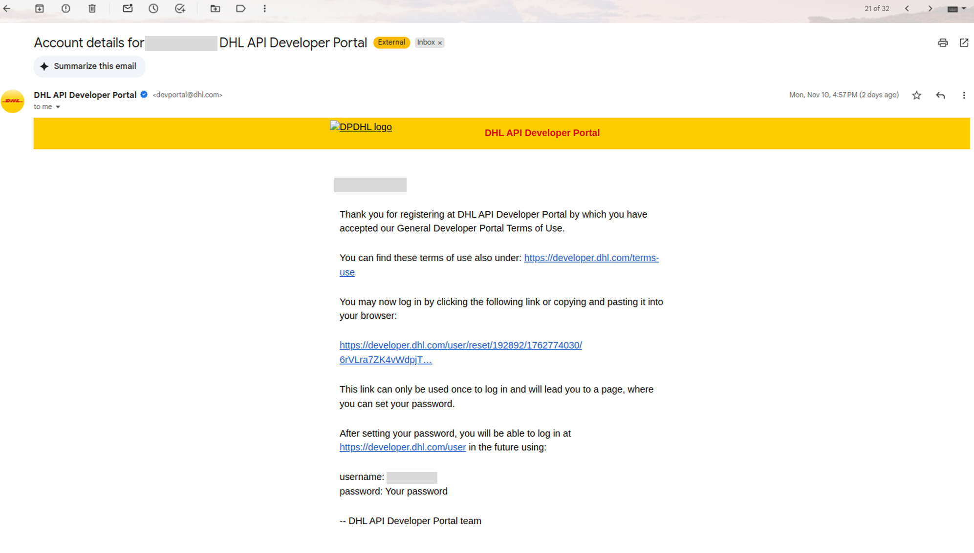 Email from DHL with Developer API account details