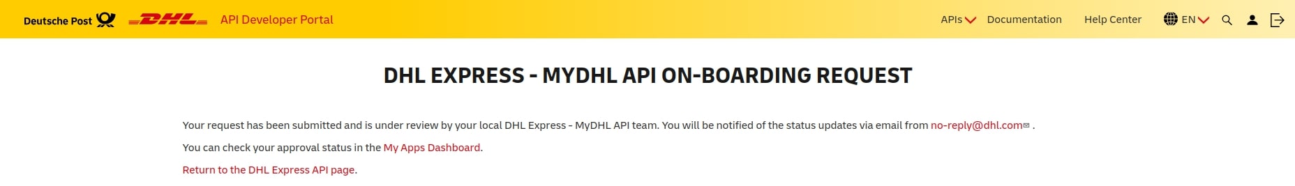 Onboarding Request Submission Confirmation