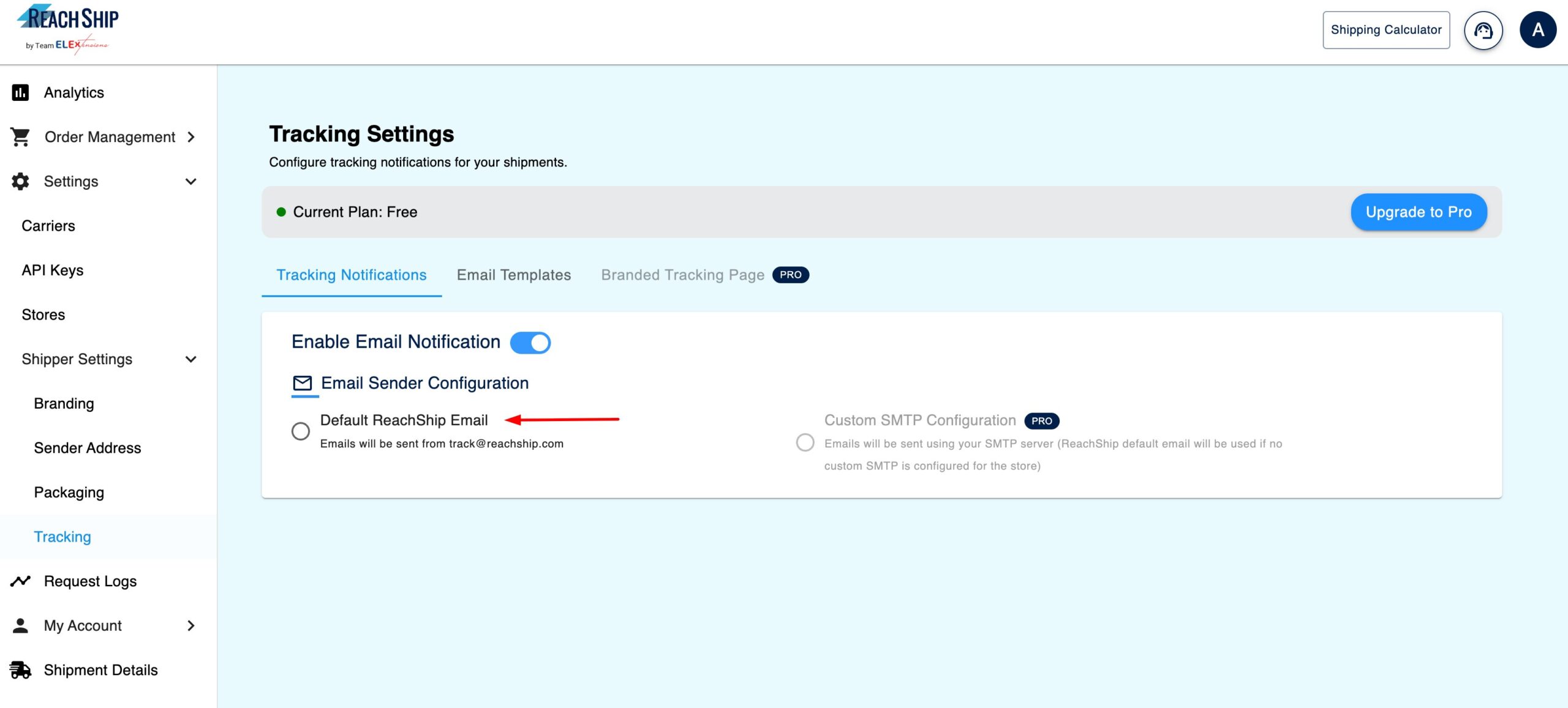 Default ReachShip Email Option