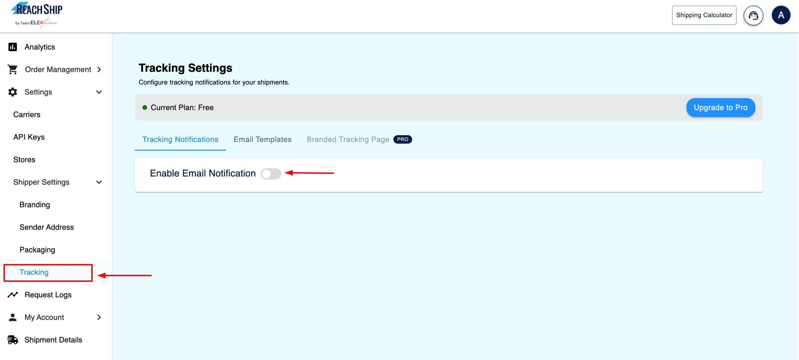 Enable Email Notification | ReachShip Dashboard