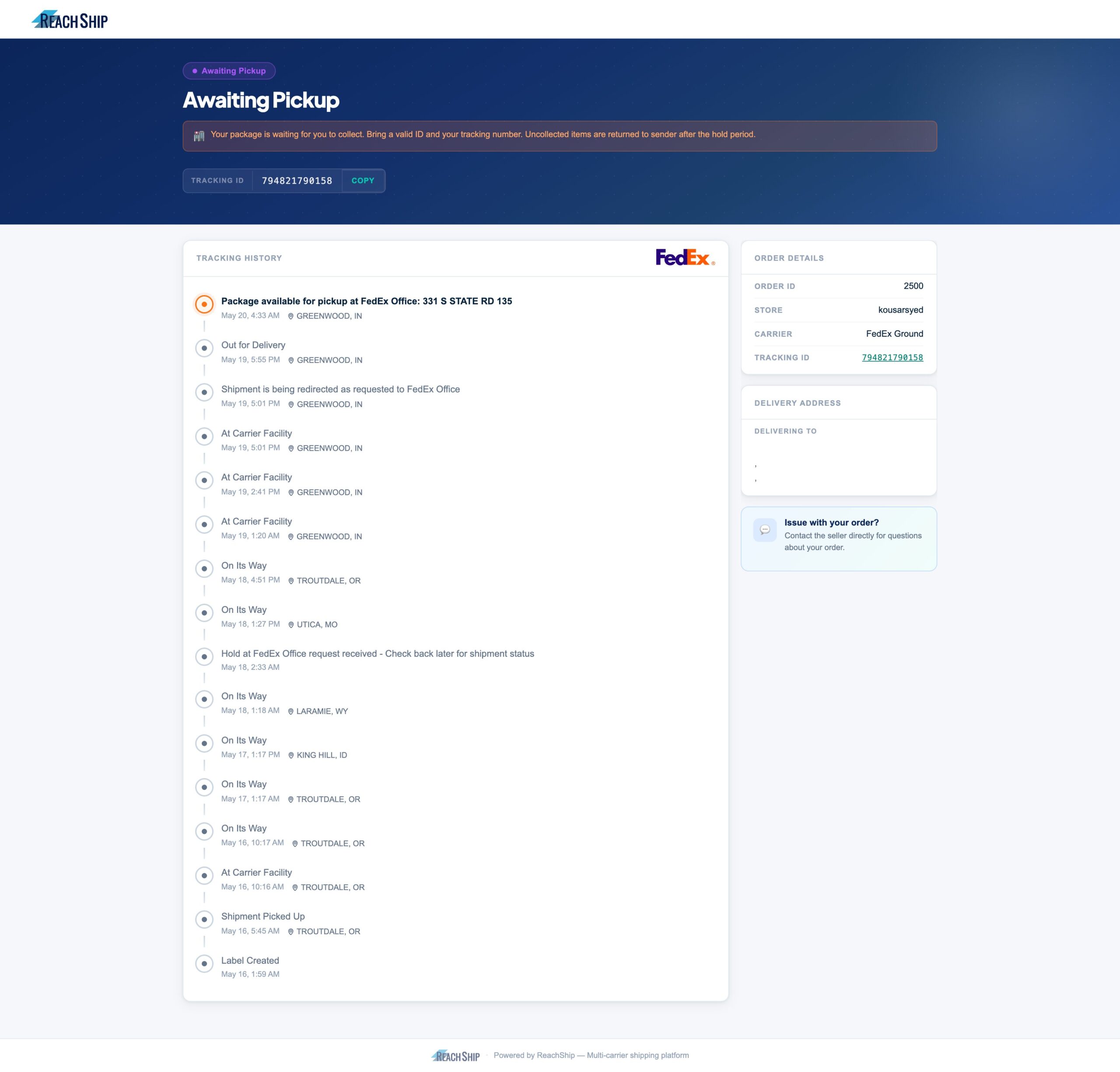 ReachShip Tracking Page