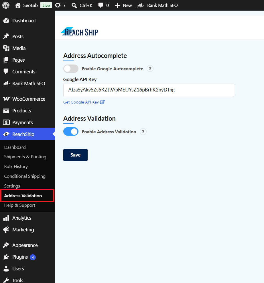 ReachShip Address Validation dashboard