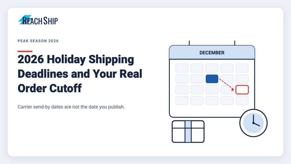 ReachShip featured image showing a December calendar with a ship-by date linked to Christmas Day, a clock and a parcel, illustrating 2026 holiday shipping deadlines and store order cutoffs