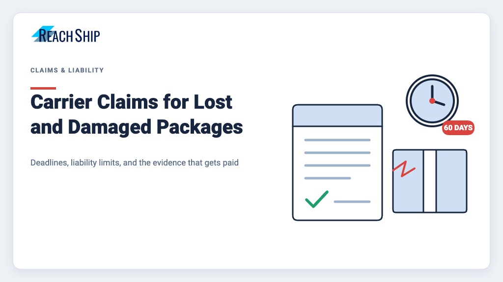 ReachShip featured image showing a claim form, a damaged parcel and a 60-day clock, illustrating carrier claims for lost and damaged packages