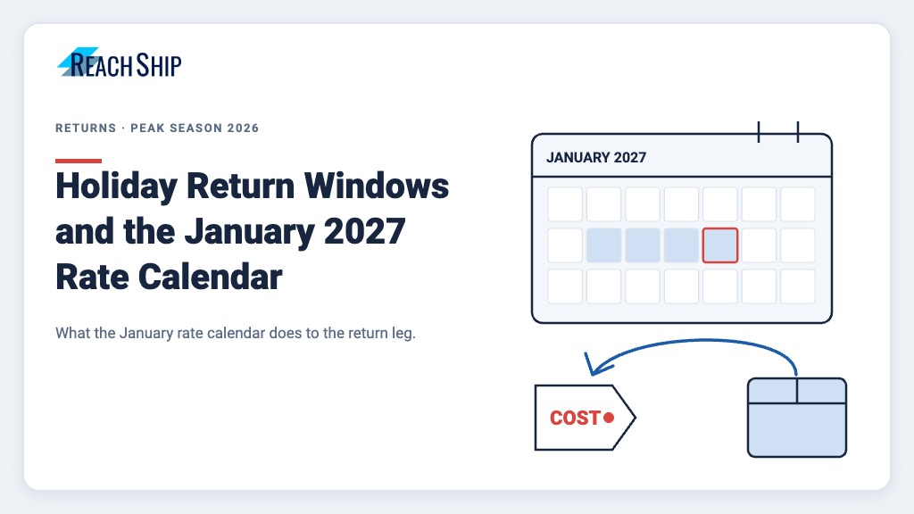 ReachShip featured image showing a January 2027 calendar beside a return arrow looping a parcel back to a cost tag, illustrating how a holiday return window sets return shipping costs